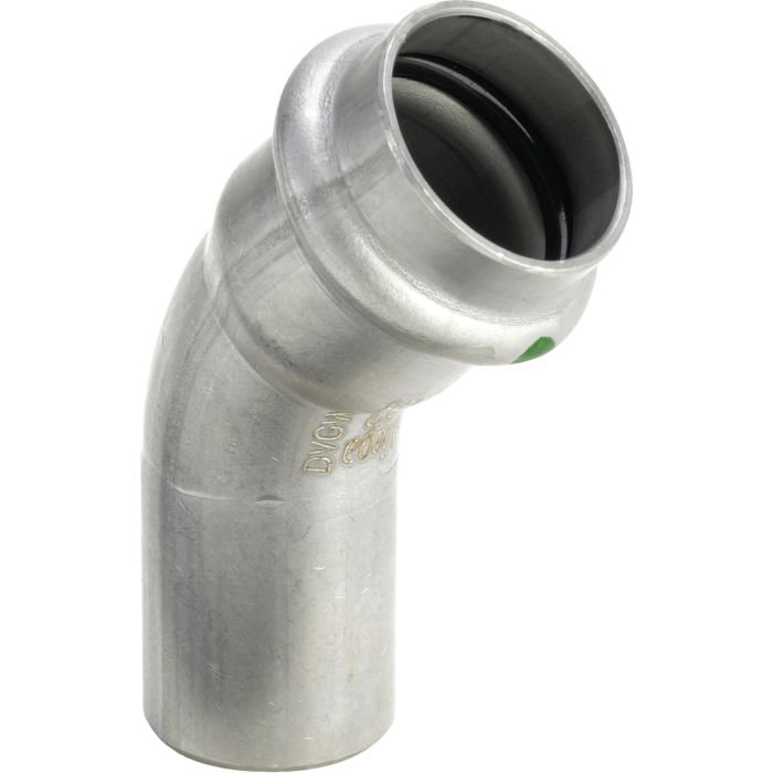 VIEGA Sanpress Inox მუხლი 45°, 22 mm, უჟანგავი ფოლადი, საპრესი x შესაერთებელი ბოლო, Art. 435400